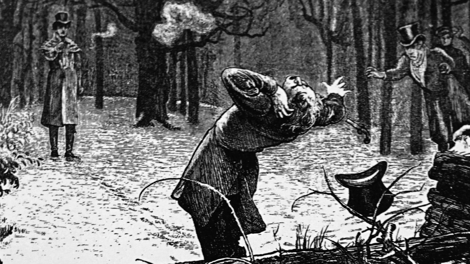 Ein Mann verwundet seinen Kontrahenten in einem Duell am Ohr. Illustration von Marcus Stone (1840-1921) aus dem 19. Jahrhundert. Ein Mann verwundet seinen Kontrahenten in einem Duell am Ohr. Illustration von Marcus Stone (1840-1921) aus dem 19. Jahrhundert.