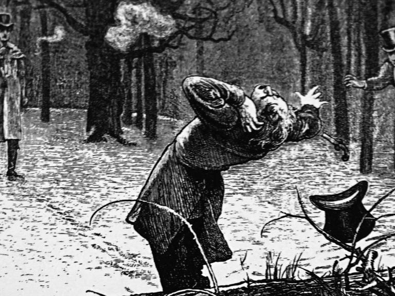Ein Mann verwundet seinen Kontrahenten in einem Duell am Ohr. Illustration von Marcus Stone (1840-1921) aus dem 19. Jahrhundert.
