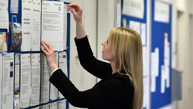 Eine Mitarbeiterin hängt eine Stellenausschreibung an der Info-Wand des "Career-Service" in der SRH Hochschule Berlin aus.