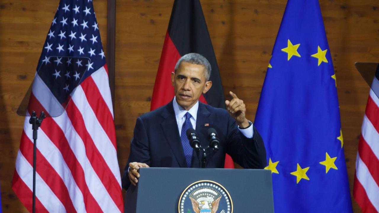 US-Präsident Barack Obama bei seiner Grundsatzrede in Hannover am 25.4.2016. US-Präsident Barack Obama bei seiner Grundsatzrede in Hannover am 25.4.2016.