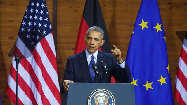 US-Präsident Barack Obama bei seiner Grundsatzrede in Hannover am 25.4.2016.