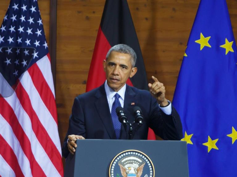 US-Präsident Barack Obama bei seiner Grundsatzrede in Hannover am 25.4.2016.