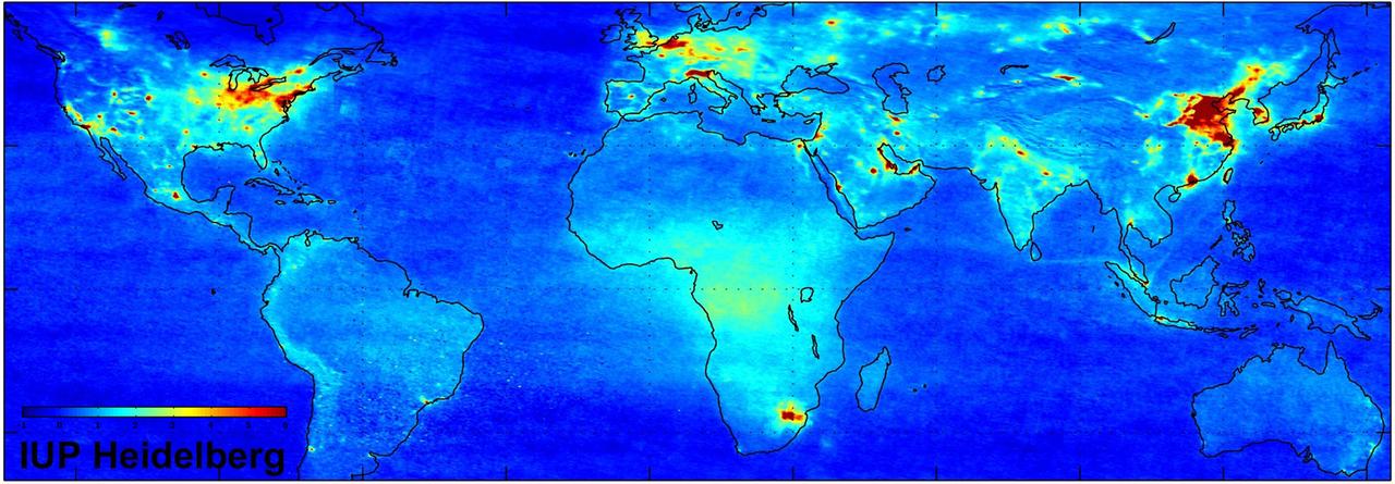 Konzentrationen des Gases NO2 in Europa, aufgenommen vom ESA-Satelliten Envisat. Info der Wissenschaftler: "The image shows the global mean tropospheric nitrogen dioxide (NO2) vertical column density (VCD) between January 2003 and June 2004, as measured by the SCIAMACHY instrument on ESA's Envisat. The scale is in 1015 molecules/cm-2. Image produced by S. Beirle, U. Platt and T. Wagner of the University of Heidelberg's Institute for Environmental Physics." Konzentrationen des Gases NO2 in Europa, aufgenommen vom ESA-Satelliten Envisat. Info der Wissenschaftler: "The image shows the global mean tropospheric nitrogen dioxide (NO2) vertical column density (VCD) between January 2003 and June 2004, as measured by the SCIAMACHY instrument on ESA's Envisat. The scale is in 1015 molecules/cm-2. Image produced by S. Beirle, U. Platt and T. Wagner of the University of Heidelberg's Institute for Environmental Physics."
