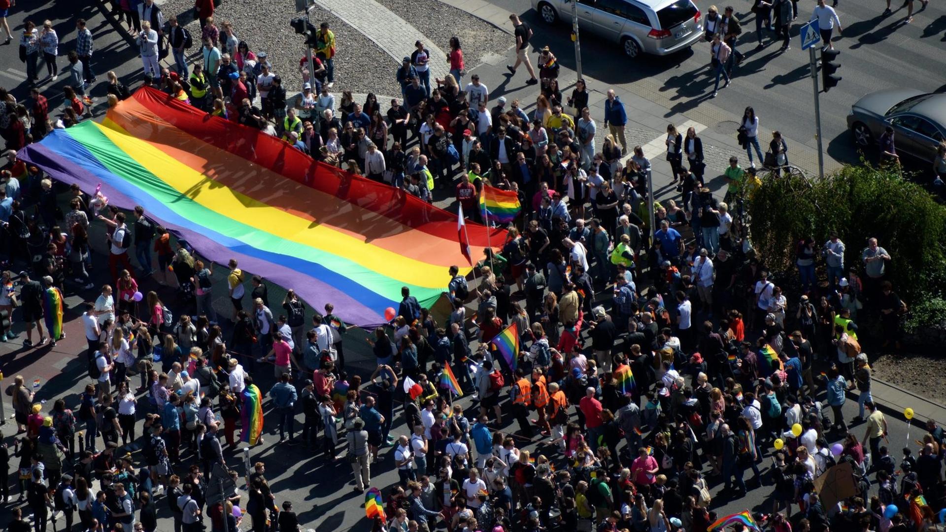 Demonstrationsteilnehmer tragen viele kleine und eine sehr große Regenbogenfahne durch Warschau. Demonstrationsteilnehmer tragen viele kleine und eine sehr große Regenbogenfahne durch Warschau.