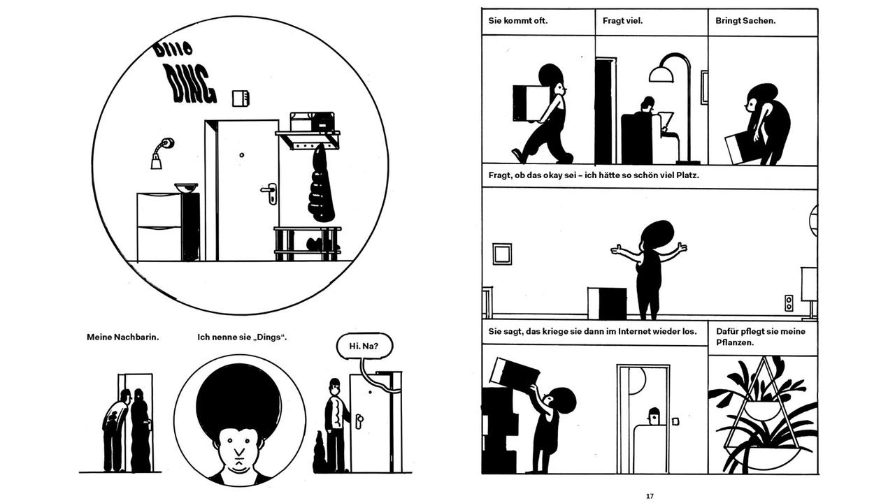 Auszug aus dem Comic "Röhner" von Max Baitinger. Eine Frau trägt Kisten in  eine Wohnung.