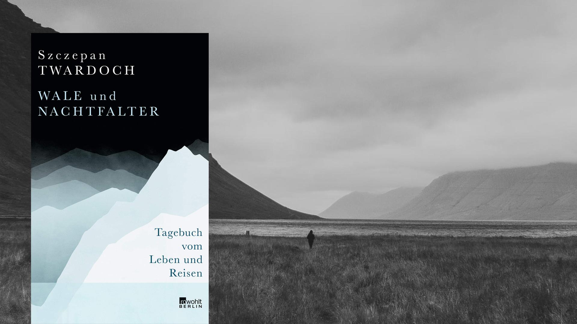 Cover von Szczepan Twardochs Buch "Wale und Nachtfalter. Tagebuch vom Leben und Reisen". Im Hintergrund ist ein Schwarz-Weiß-Foto einer nebeligen Landschaft zu sehen.