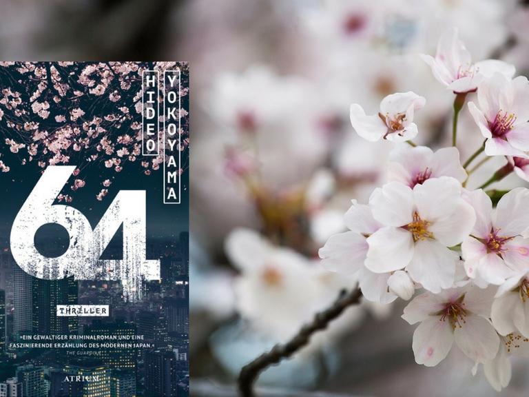 Das Buchcover von Hideo Yokoyama: "64" und Kirschblüten im Hintergrund