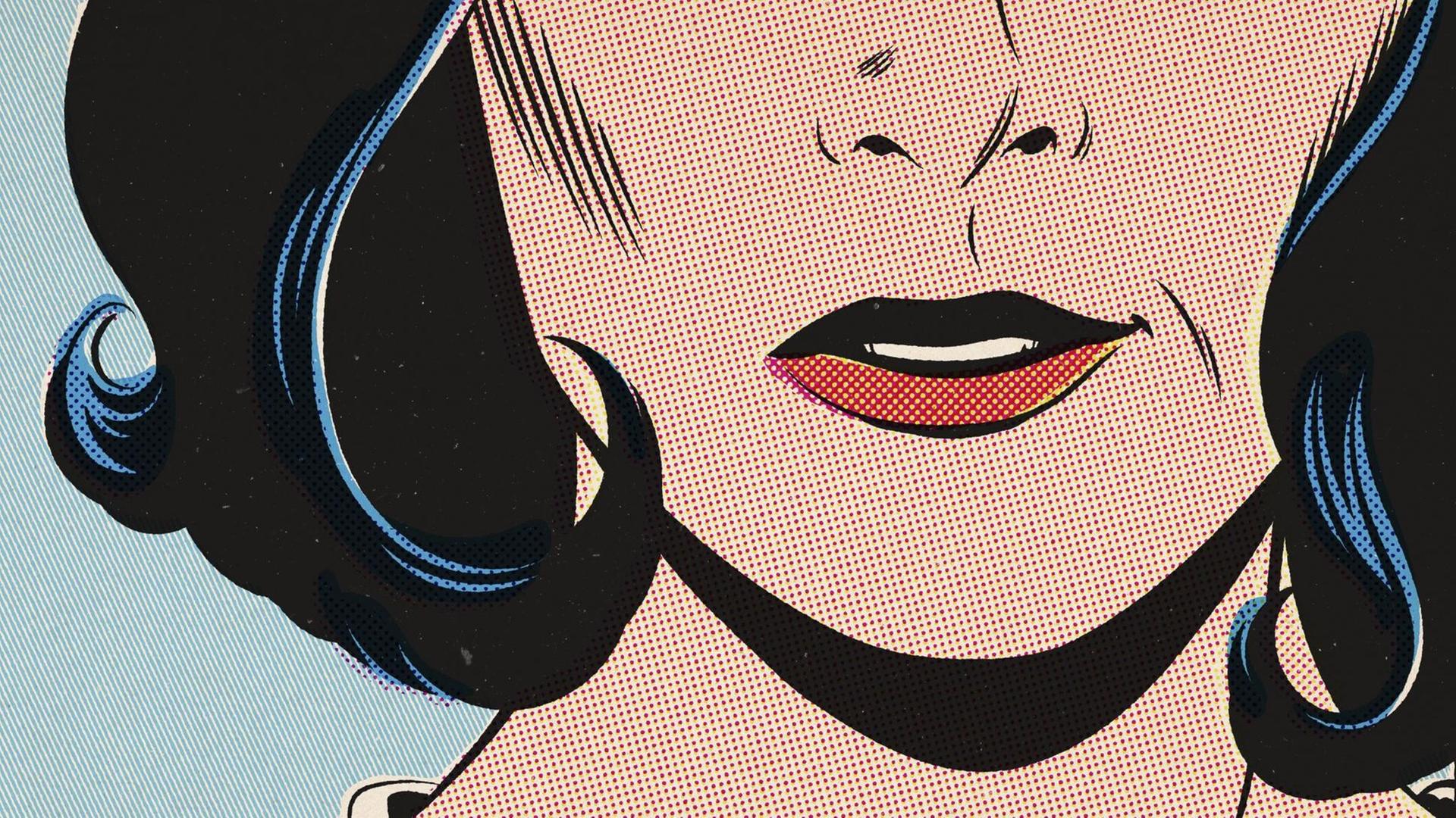 Nahaufnahme der unteren Hälfte eines Frauengesichts im Roy-Lichtenstein-Stil (Illustration)