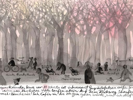Zeichnung eines Waldes. Davor Menschen mit Telefonen und Hunden im Park.