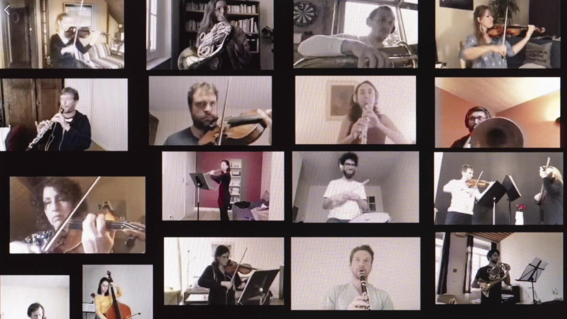 Screenshot eines Computerbildschirms: Die Musiker des "Orchestre National de Lyon"treffen sich bei einer Videokonferenz am 28. März 2020. Screenshot eines Computerbildschirms: Die Musiker des "Orchestre National de Lyon"treffen sich bei einer Videokonferenz am 28. März 2020.