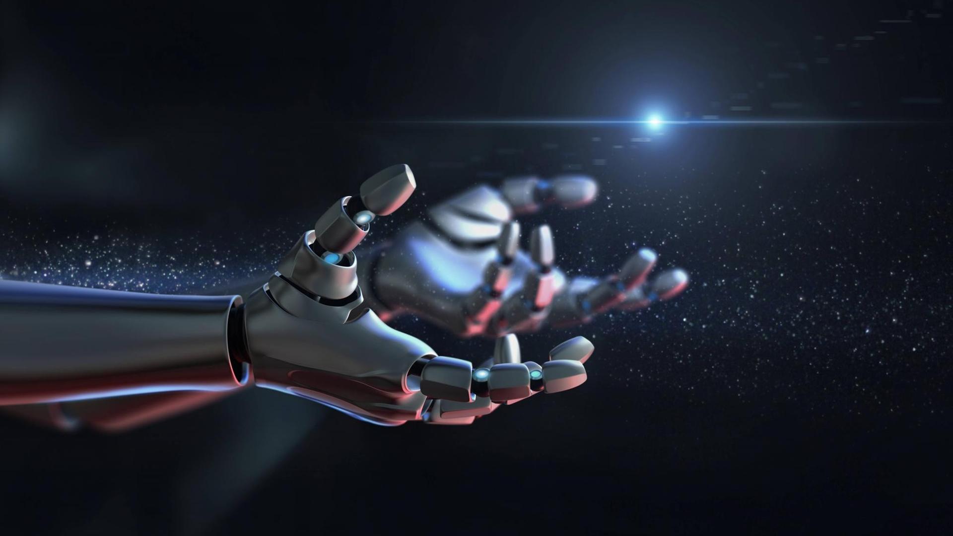 Ein Roboter streckt seine Hand aus, im Hintergrund eine Anmutung vom Universum. Ein Roboter streckt seine Hand aus, im Hintergrund eine Anmutung vom Universum.