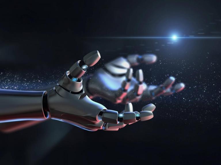 Ein Roboter streckt seine Hand aus, im Hintergrund eine Anmutung vom Universum.