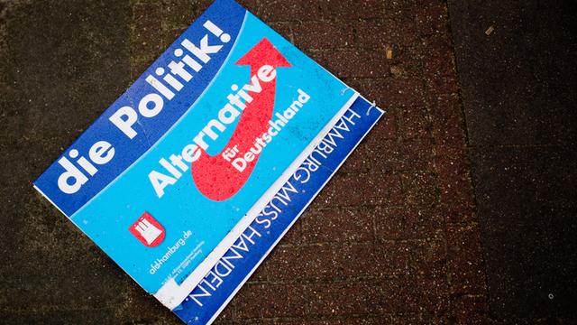 Ein Wahlplakat der Alternative für Deutschland (AfD) mit der Aufschrift "Hamburg muss handeln" und "die Politik!" für die Hamburger Bürgerschaftswahl 