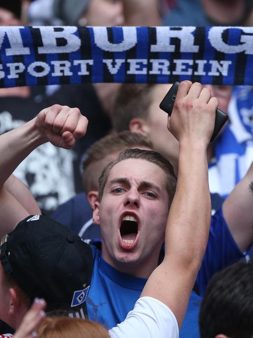 HSV-Fans jubeln nach dem Abpfiff des Relegationsspiels gegen Greuther Fürth, 18. Mai 2014
