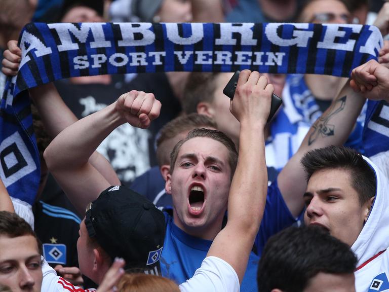 HSV-Fans jubeln nach dem Abpfiff des Relegationsspiels gegen Greuther Fürth, 18. Mai 2014