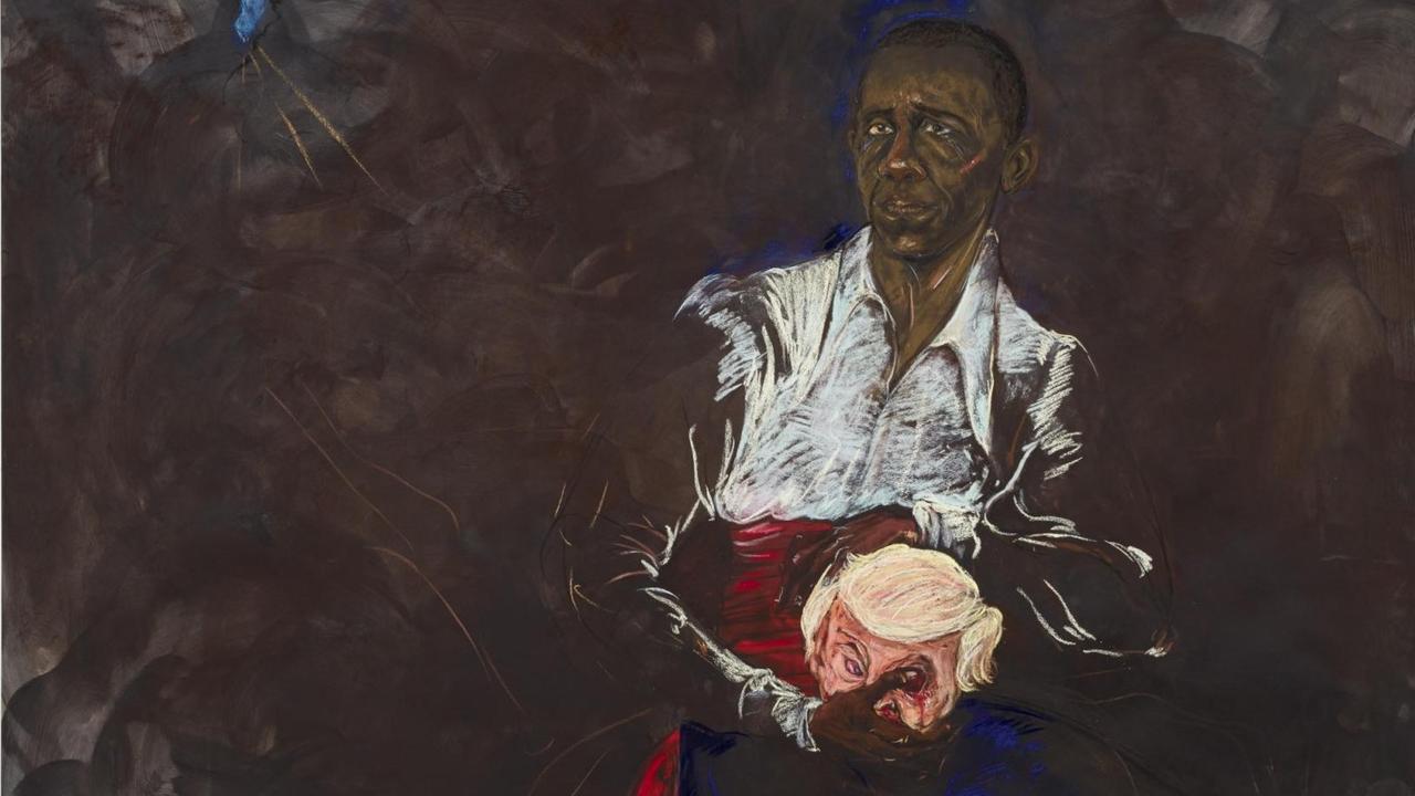 Barack Obama als Othello. In seinem Schoß der Kopf von Donald Trump. Barack Obama als Othello. In seinem Schoß der Kopf von Donald Trump.