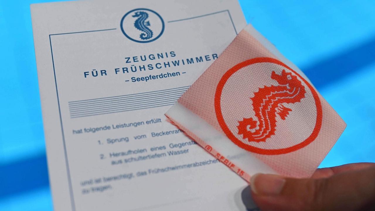 Eine Hand hält ein Seepferdchen-Abzeichen vor einem Schwimmbecken in die Kamera. Eine Hand hält ein Seepferdchen-Abzeichen vor einem Schwimmbecken in die Kamera.