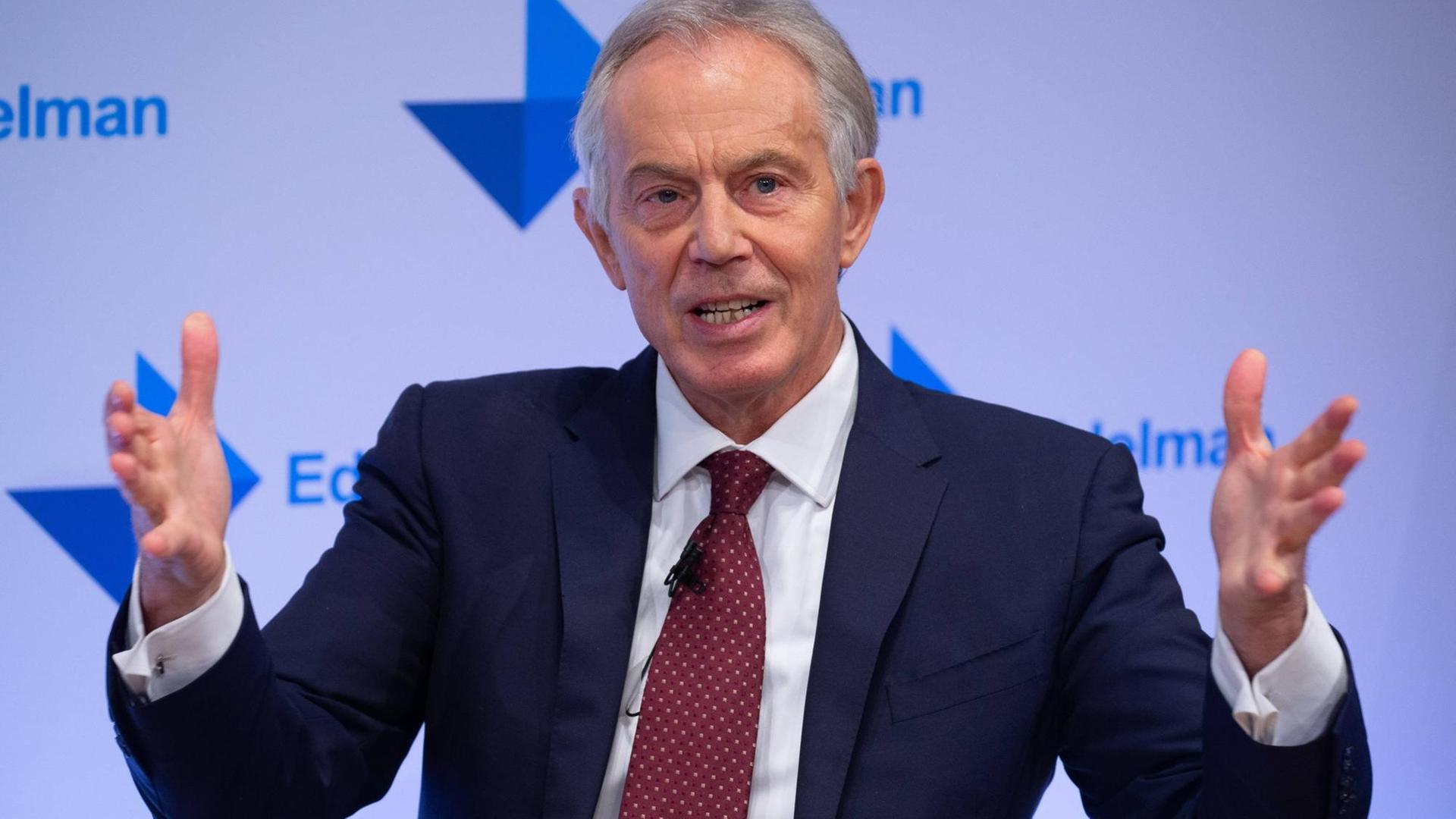 Der ehemalige britische Premierminister Tony Blair hält eine Rede vor dem Edelman Trust zur Debatte um den Brexit am Der ehemalige britische Premierminister Tony Blair hält eine Rede vor dem Edelman Trust zur Debatte um den Brexit am
