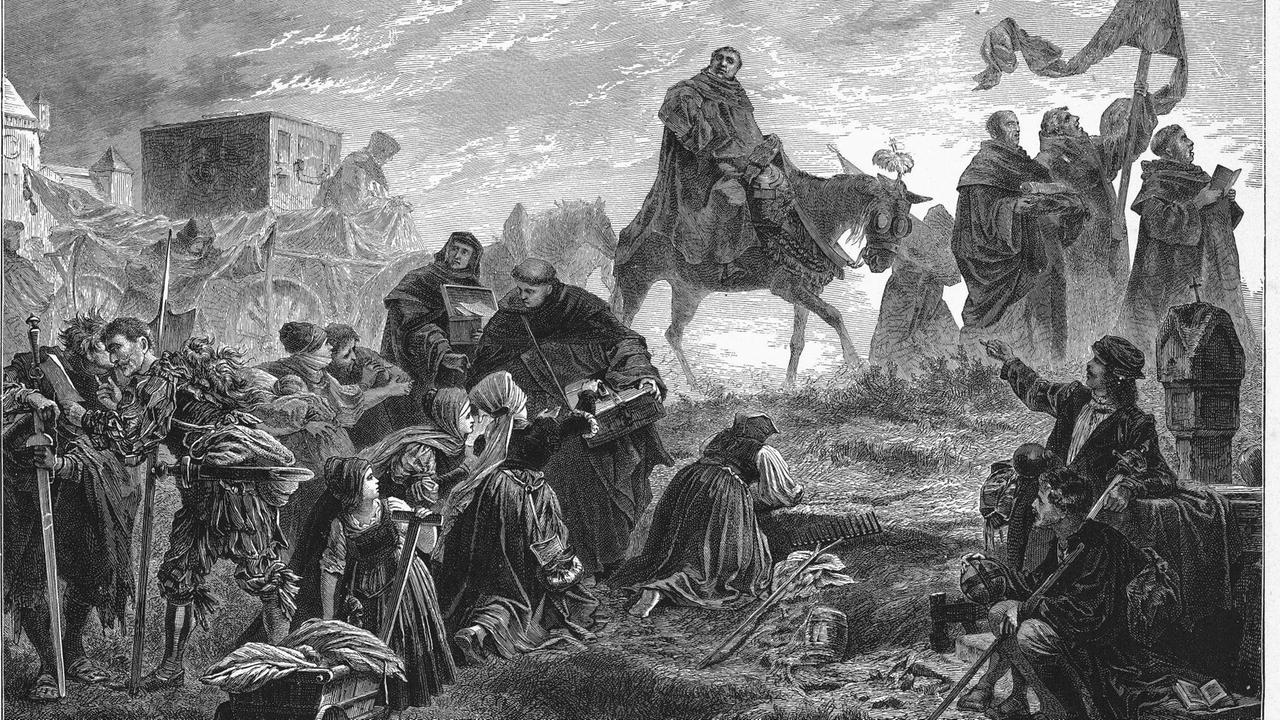 Der Dominikanermönch Johann Tetzel (1460-1519) beim Ablasshandel auf dem historischen Holzstich "Tetzels Ablasszug" Der Dominikanermönch Johann Tetzel (1460-1519) beim Ablasshandel auf dem historischen Holzstich "Tetzels Ablasszug"