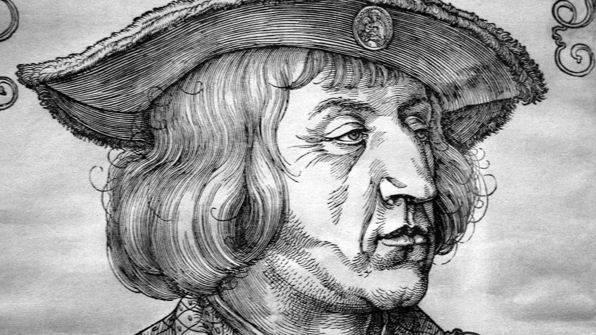 Holzstich von Maximilian I. (1459-1519), deutscher König und Kaiser des Heiligen Römoschen Reiches Deutscher Nation, von einem unbekannten Schüler Albrecht Dürers Holzstich von Maximilian I. (1459-1519), deutscher König und Kaiser des Heiligen Römoschen Reiches Deutscher Nation, von einem unbekannten Schüler Albrecht Dürers
