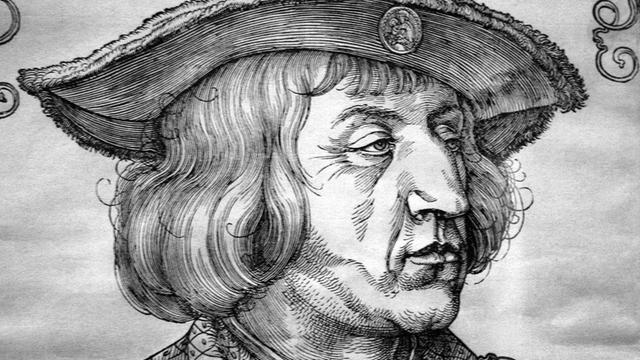 Holzstich von Maximilian I. (1459-1519), deutscher König und Kaiser des Heiligen Römoschen Reiches Deutscher Nation, von einem unbekannten Schüler Albrecht Dürers