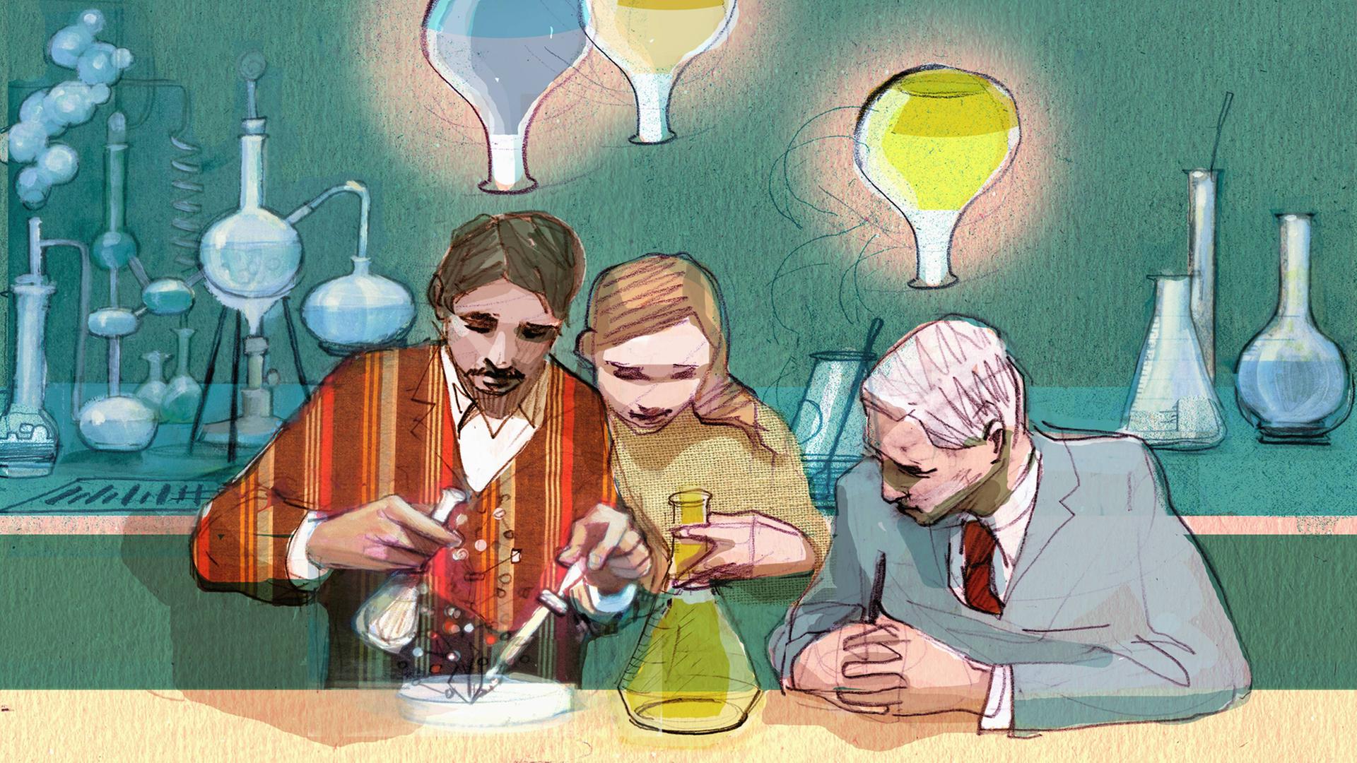 Illustration von zwei Forschern und einer Forscherin, die im Labor arbeiten Illustration von zwei Forschern und einer Forscherin, die im Labor arbeiten