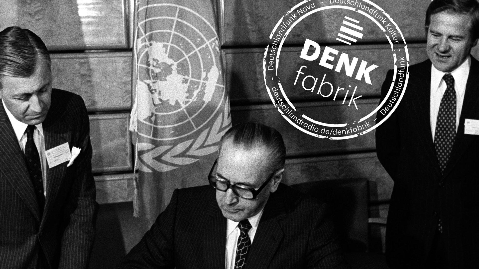 Als Resultat der ersten Weltklimakonferenz (World Climate Conference) vom 12. bis zum 23. Februar 1979 am Sitz der UN-Weltklimaorganisation WMO (World Meteorological Organisation) in Genf unterzeichnet Bundesrat Hans Huerlimann (Mitte) in demselben Jahr, am 13. November 1979, die UN-Umweltschutz-Akte. Als Resultat der ersten Weltklimakonferenz (World Climate Conference) vom 12. bis zum 23. Februar 1979 am Sitz der UN-Weltklimaorganisation WMO (World Meteorological Organisation) in Genf unterzeichnet Bundesrat Hans Huerlimann (Mitte) in demselben Jahr, am 13. November 1979, die UN-Umweltschutz-Akte.