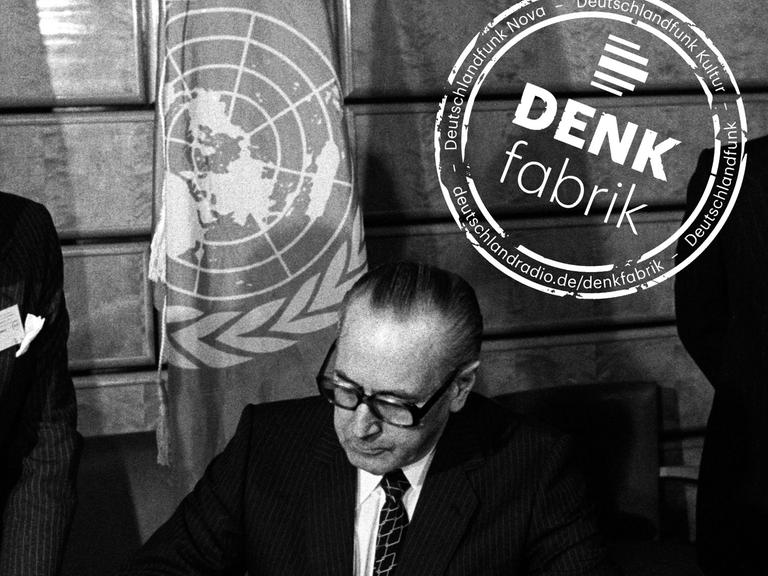 Als Resultat der ersten Weltklimakonferenz (World Climate Conference) vom 12. bis zum 23. Februar 1979 am Sitz der UN-Weltklimaorganisation WMO (World Meteorological Organisation) in Genf unterzeichnet Bundesrat Hans Huerlimann (Mitte) in demselben Jahr, am 13. November 1979, die UN-Umweltschutz-Akte.