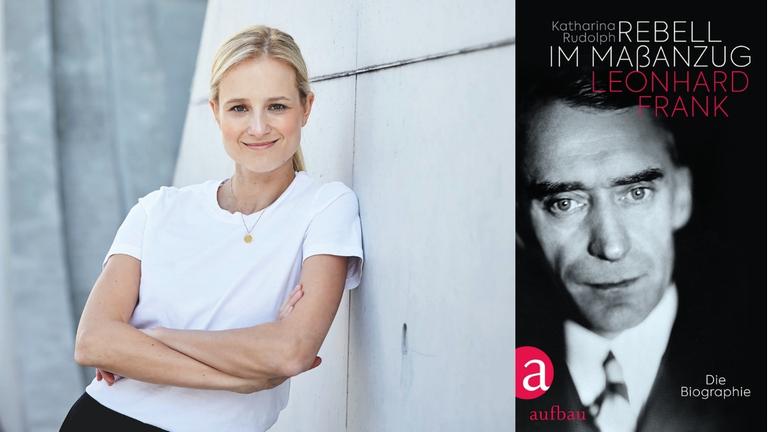 Katharina Rudolph: "Rebell im Maßanzug. Leonhard Frank. Die Biographie" Zu sehen sind die Autorin und das Buchcover mit einem Porträt des Schriftstellers Leonhard Frank Katharina Rudolph: "Rebell im Maßanzug. Leonhard Frank. Die Biographie" Zu sehen sind die Autorin und das Buchcover mit einem Porträt des Schriftstellers Leonhard Frank