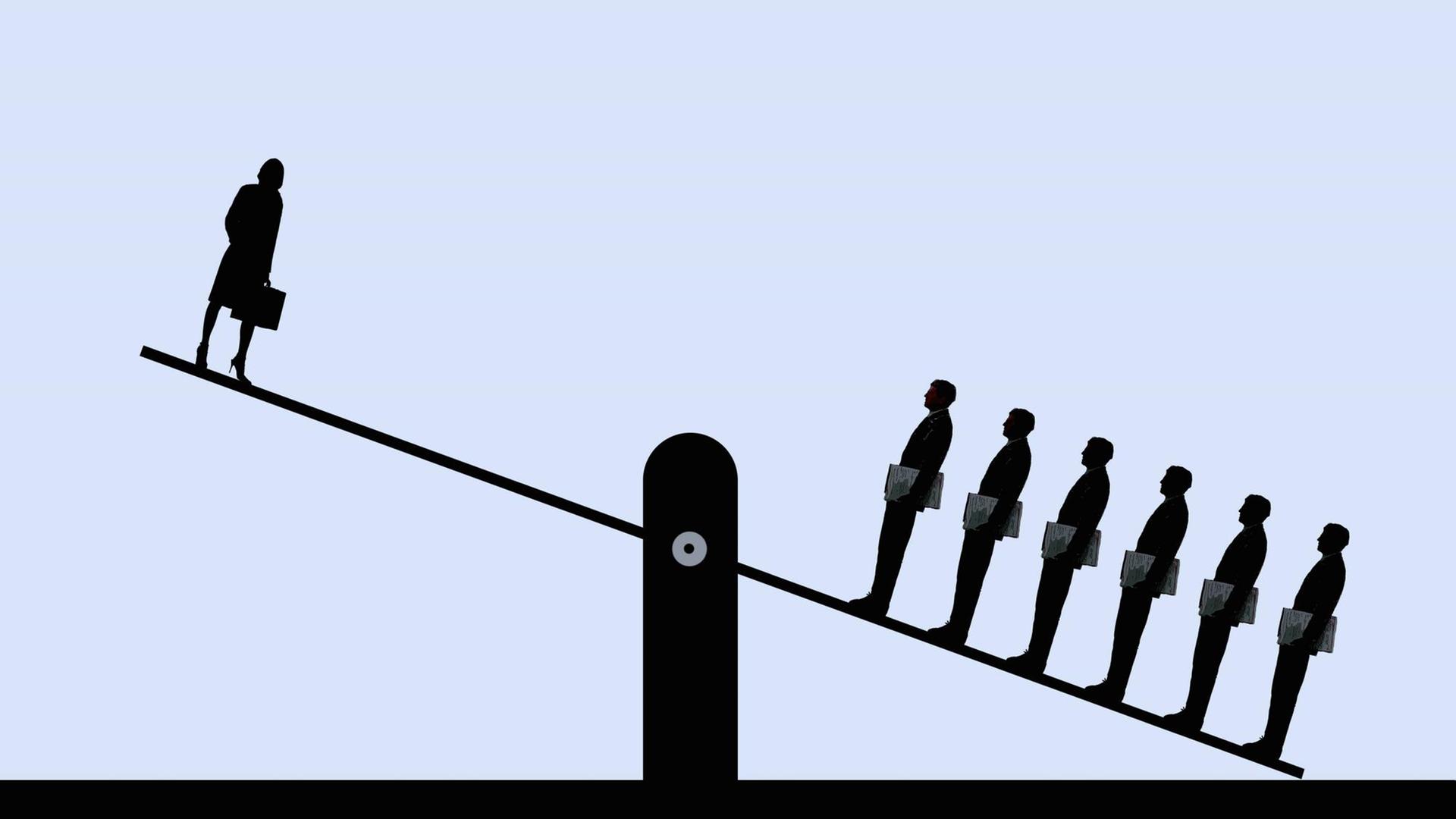 Illustration: Einzelne Geschäftsfrau gegenüber einer Reihe von Geschäftsmännern auf einer Wippe. Illustration: Einzelne Geschäftsfrau gegenüber einer Reihe von Geschäftsmännern auf einer Wippe.