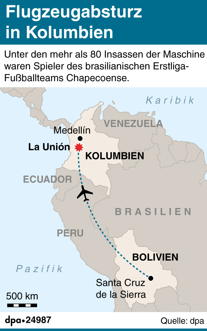 Karte Südamerika: Flugzeug mit brasilienischem Fußballteam in Kolumbien abgestürzt.