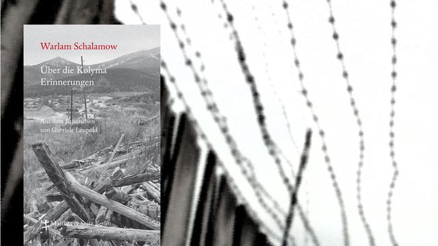 Im Vordergrund das Cover von Warlam Schalamows "Über die Kolyma", im Hintergrund ein Holzbretterzaun und Stacheldraht eines ehemaligen sowjetischen Straflagers.
