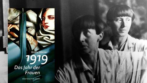 Buchcover Unda Hörner: "1919: Das Jahr der Frauen". Im Hintergrund ist die Künstlerin Hannah Höch in ihrem Atelier zu sehen.