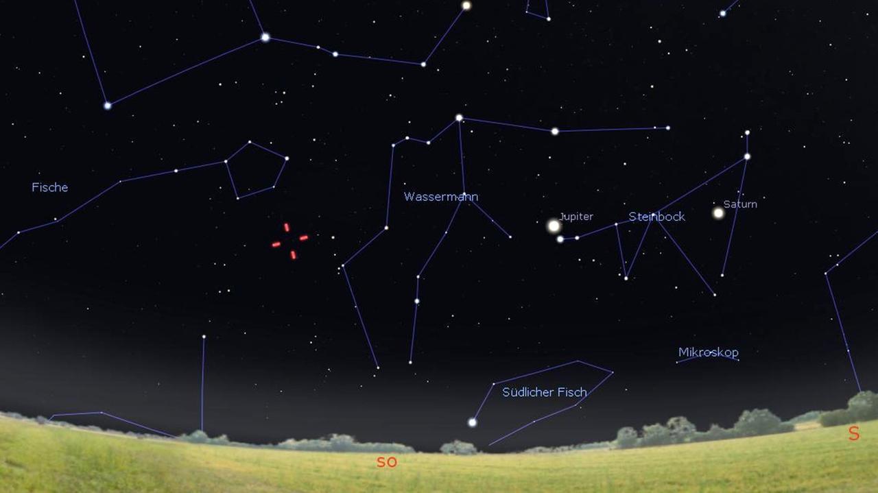 Der Planet Neptun steht im Sternbild Fische, ein Stück links von Jupiter und Saturn Der Planet Neptun steht im Sternbild Fische, ein Stück links von Jupiter und Saturn