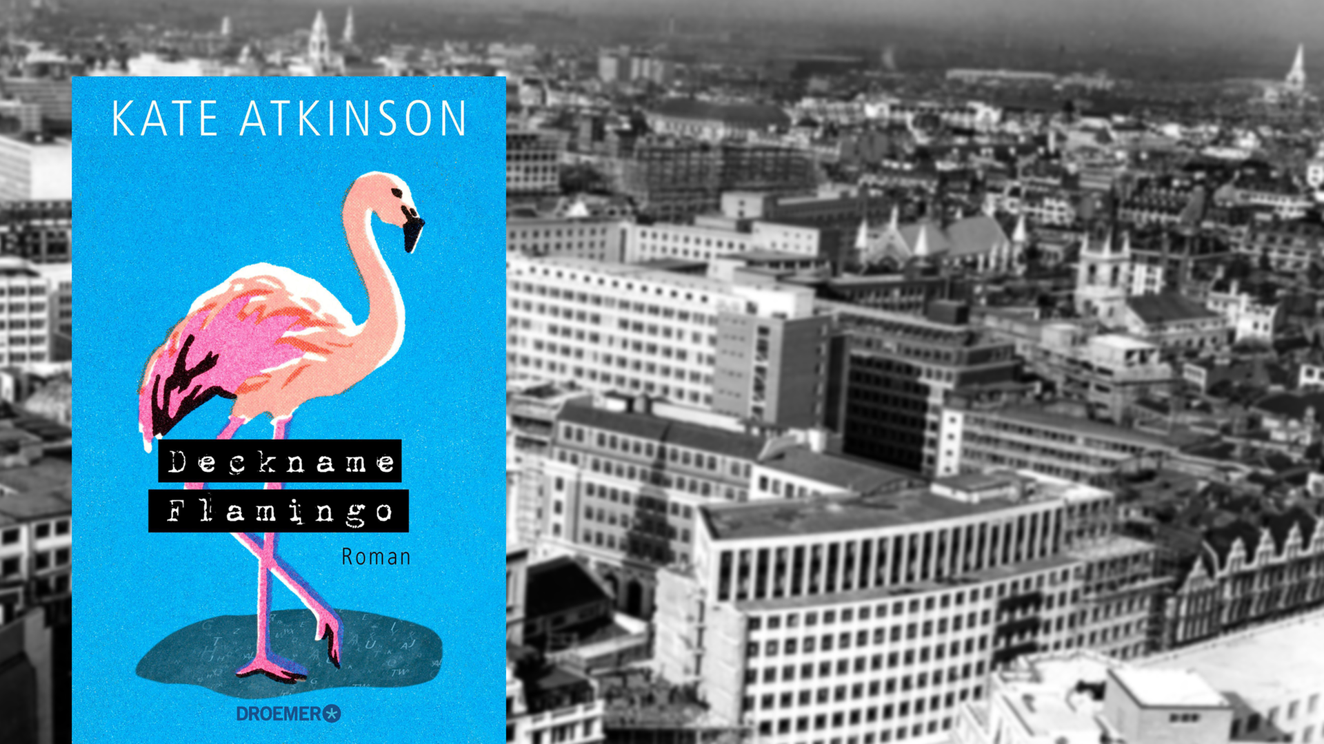 Im Vordergrund ist das Cover des Krimis "Deckname Flamingo". Im Hintergrund eine schwarzweiß Aufnahme Londons aus dem Jahre 1959.