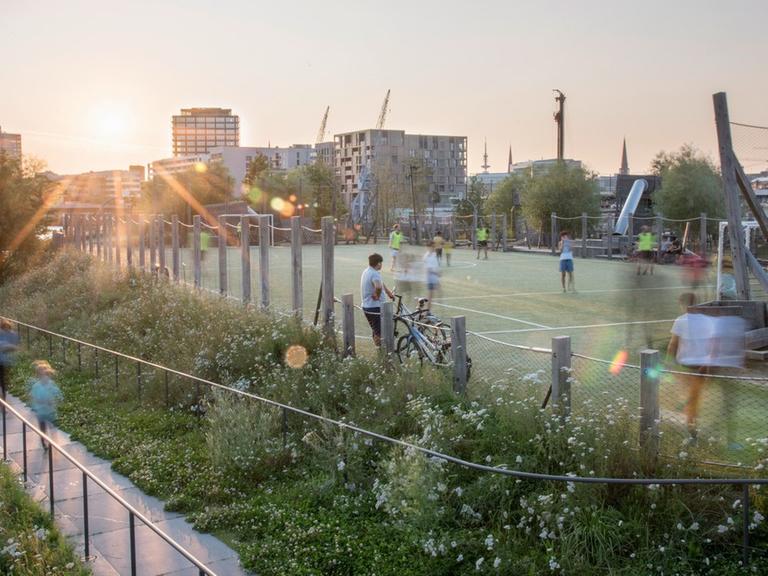 Der Baakenpark in Hamburg, entworfen vom Atelier Loidl. Zu sehen ist ein kleiner Fußballplatz, auf dem Menschen Fußball spielen. Drum herum wachsen Pflanzen. Im Hintergrund sieht man moderne Wohnhäuser.