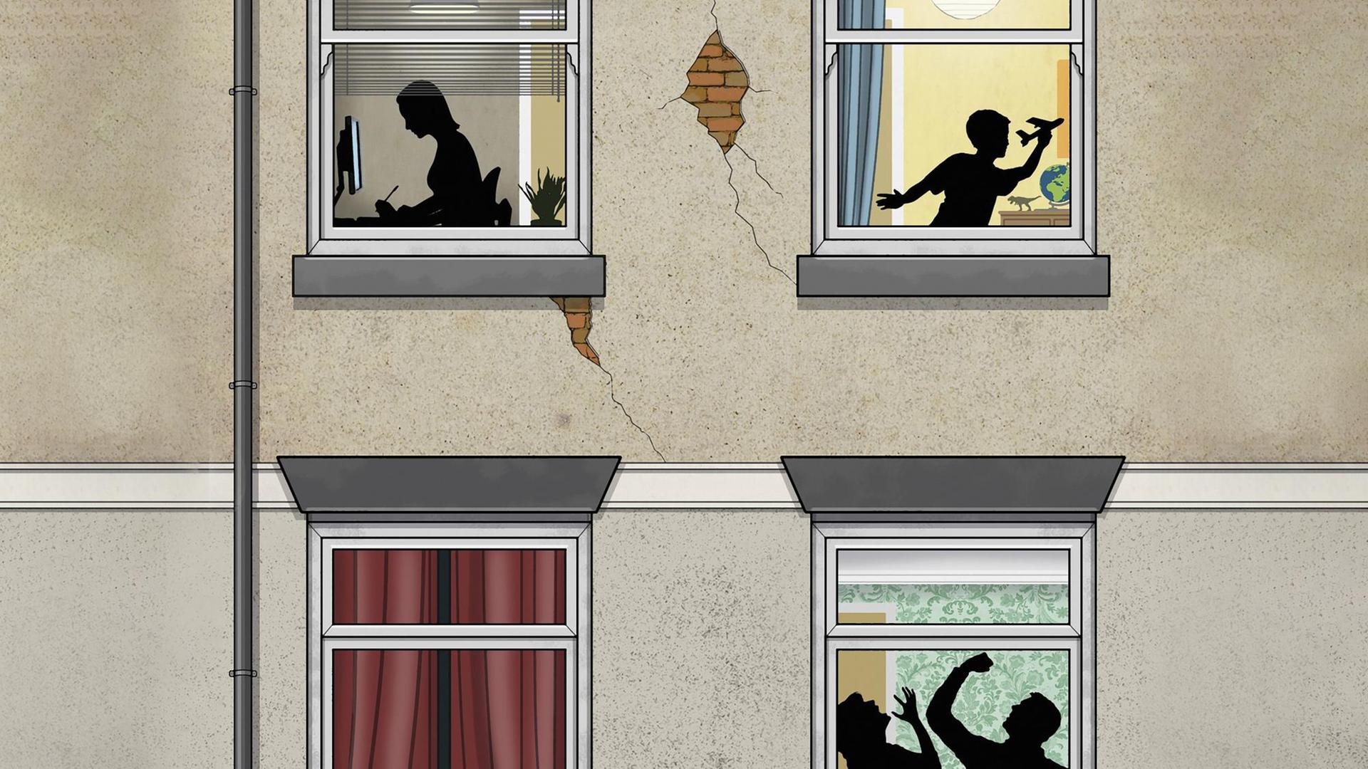 Illustration: Mann schlägt Frau hinter Fensterscheibe mit Junge und Mädchen im oberen Stockwerk.