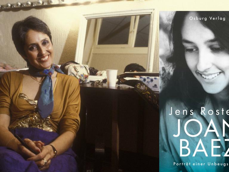 Joan Baez im Jahre 1980, daneben das Buchcover "Joan Baez. Porträt einer Unbeugsamen".