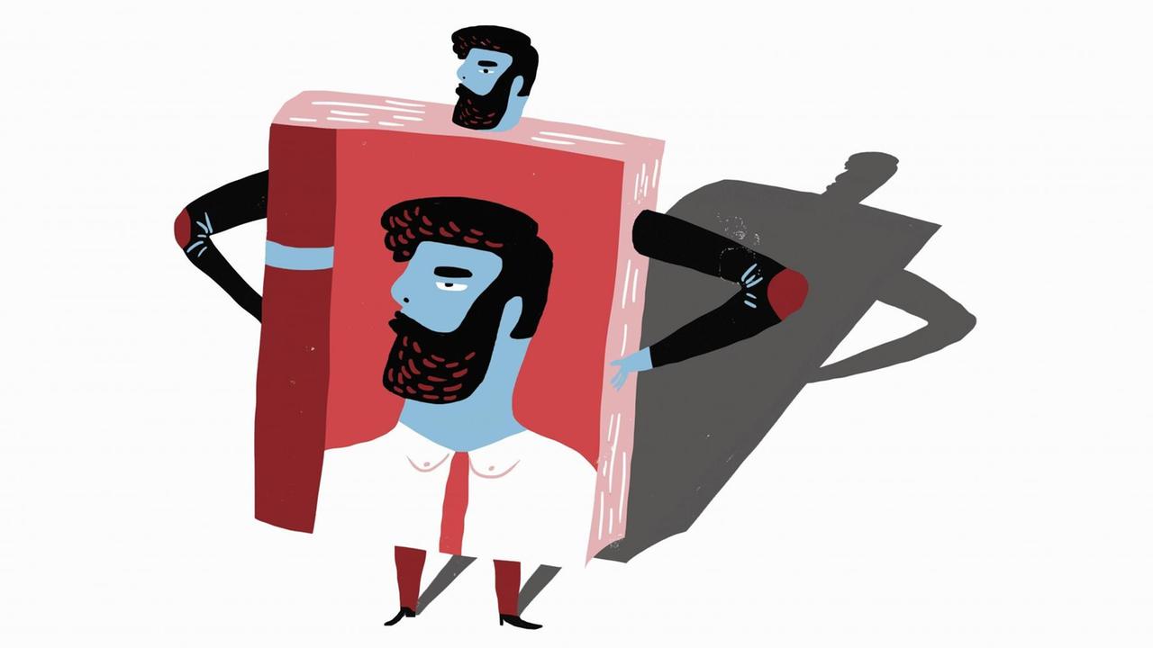 Illustration eines Mannes in einem Buch, auf dessen Cover er auch zu sehen ist. Illustration eines Mannes in einem Buch, auf dessen Cover er auch zu sehen ist.