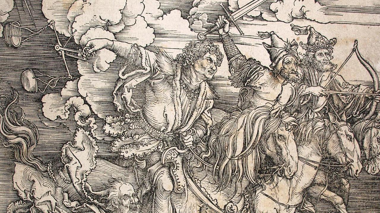 Der Holzschnitt "Die apokalyptischen Reiter" (1497/98) von Albrecht Dürer, ausgestellt im Kölner Wallraf-Richartz-Museum. Vier Reiter jagen eine entsetzte Menschenschar, Engel schlagen mit riesigen Schwertern um sich und der Heilige Michael zieht in den Kampf gegen den Drachen. Die erstmals im Jahre 1498 publizierte Holzschnittfolge "Apokalypse" begründete Dürers Ruhm. Der Holzschnitt "Die apokalyptischen Reiter" (1497/98) von Albrecht Dürer, ausgestellt im Kölner Wallraf-Richartz-Museum. Vier Reiter jagen eine entsetzte Menschenschar, Engel schlagen mit riesigen Schwertern um sich und der Heilige Michael zieht in den Kampf gegen den Drachen. Die erstmals im Jahre 1498 publizierte Holzschnittfolge "Apokalypse" begründete Dürers Ruhm.