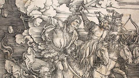 Der Holzschnitt "Die apokalyptischen Reiter" (1497/98) von Albrecht Dürer. Vier Reiter jagen eine entsetzte Menschenschar, Engel schlagen mit riesigen Schwertern um sich und der Heilige Michael zieht in den Kampf gegen den Drachen.
