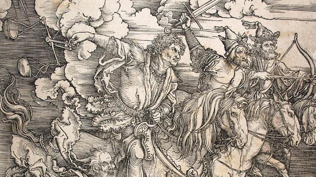 Der Holzschnitt "Die apokalyptischen Reiter" (1497/98) von Albrecht Dürer, ausgestellt im Kölner Wallraf-Richartz-Museum. Vier Reiter jagen eine entsetzte Menschenschar, Engel schlagen mit riesigen Schwertern um sich und der Heilige Michael zieht in den Kampf gegen den Drachen. Die erstmals im Jahre 1498 publizierte Holzschnittfolge "Apokalypse" begründete Dürers Ruhm.