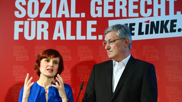 Die Parteivorsitzenden der Partei Die Linke, Katja Kipping und Bernd Riexinger, sprechen am 03.04.2017 auf einer Pressekonferenz zu den Kernpunkten des Parteiprogramms zur Bundestagswahl 2017.