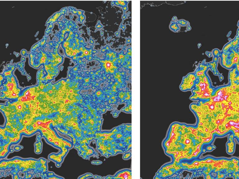 Die aktuelle Lichtverschmutzung in Europa (links) und wie sie mit weiteren LEDs zunehmen könnte (rechts)