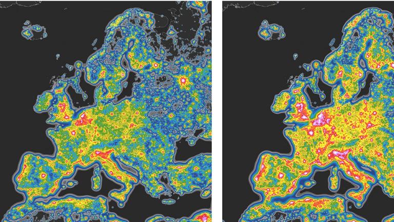 Die aktuelle Lichtverschmutzung in Europa (links) und wie sie mit weiteren LEDs zunehmen könnte (rechts) Die aktuelle Lichtverschmutzung in Europa (links) und wie sie mit weiteren LEDs zunehmen könnte (rechts)