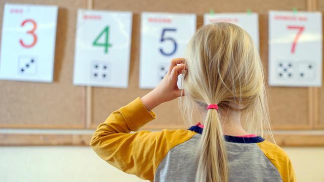 Ein Schulkind steht nachdenklich vor einer an der Wand aufgehängten Zahlenreihe.