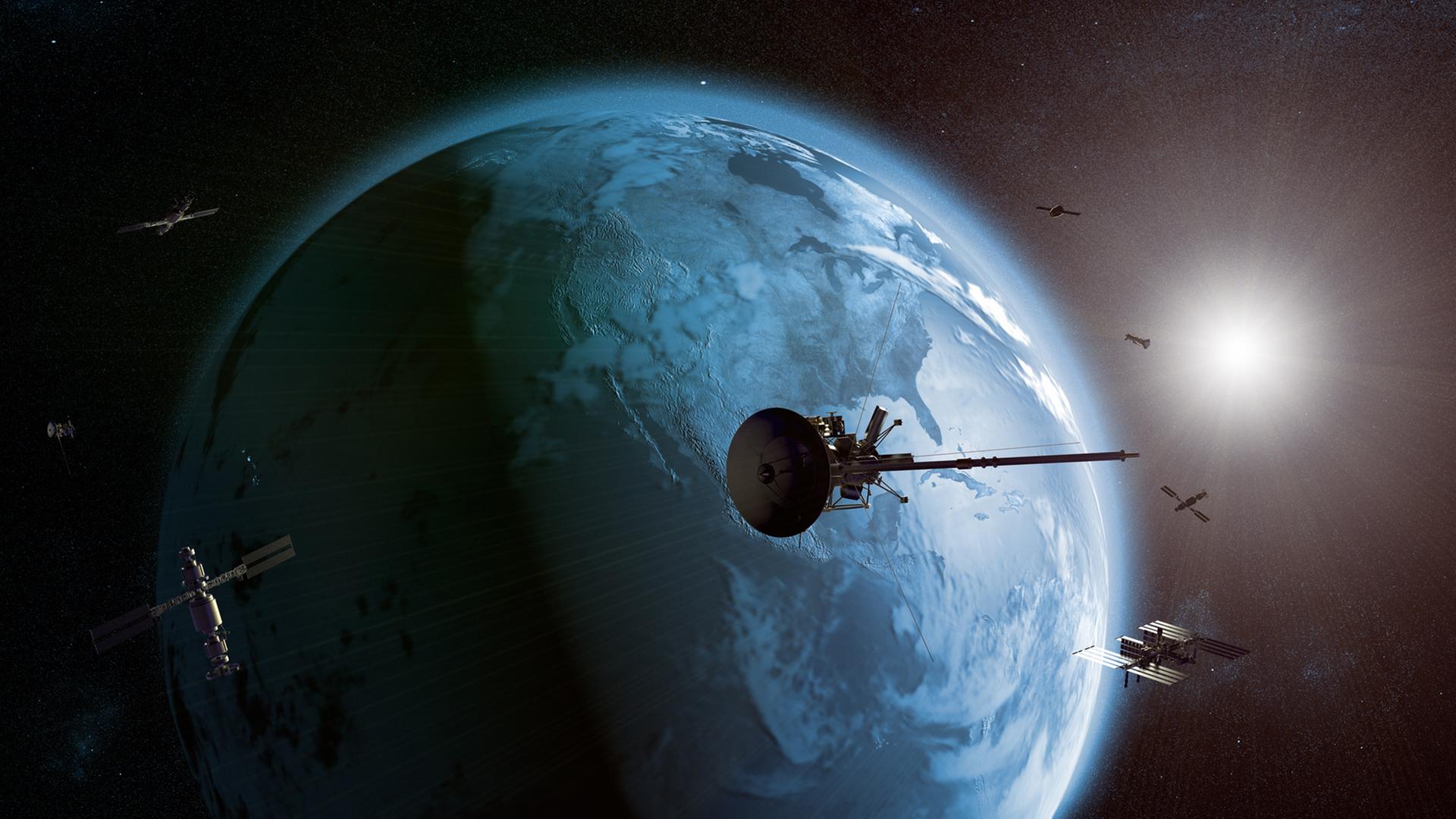 3D eines Satellitennetzwerks, das den Planeten Erde umkreist