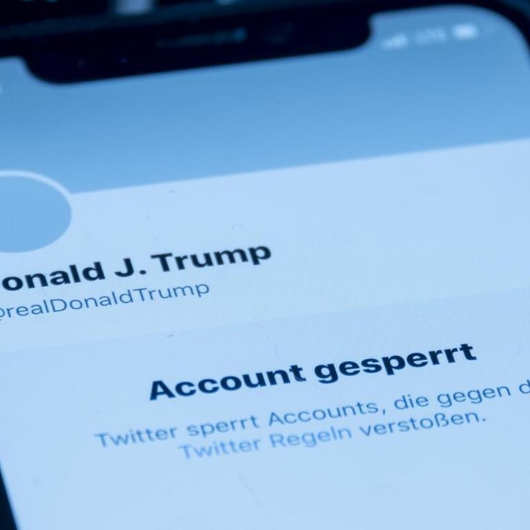 Auf einem Handy ist der gesperrte Twitter-Account von US-Präsident Donald Trump zu sehen. Der Kurznachrichtendienst hatte mitgeteilt, dass Trumps Konto @realDonaldTrump dauerhaft gesperrt bleibt. (gestellte Szene)