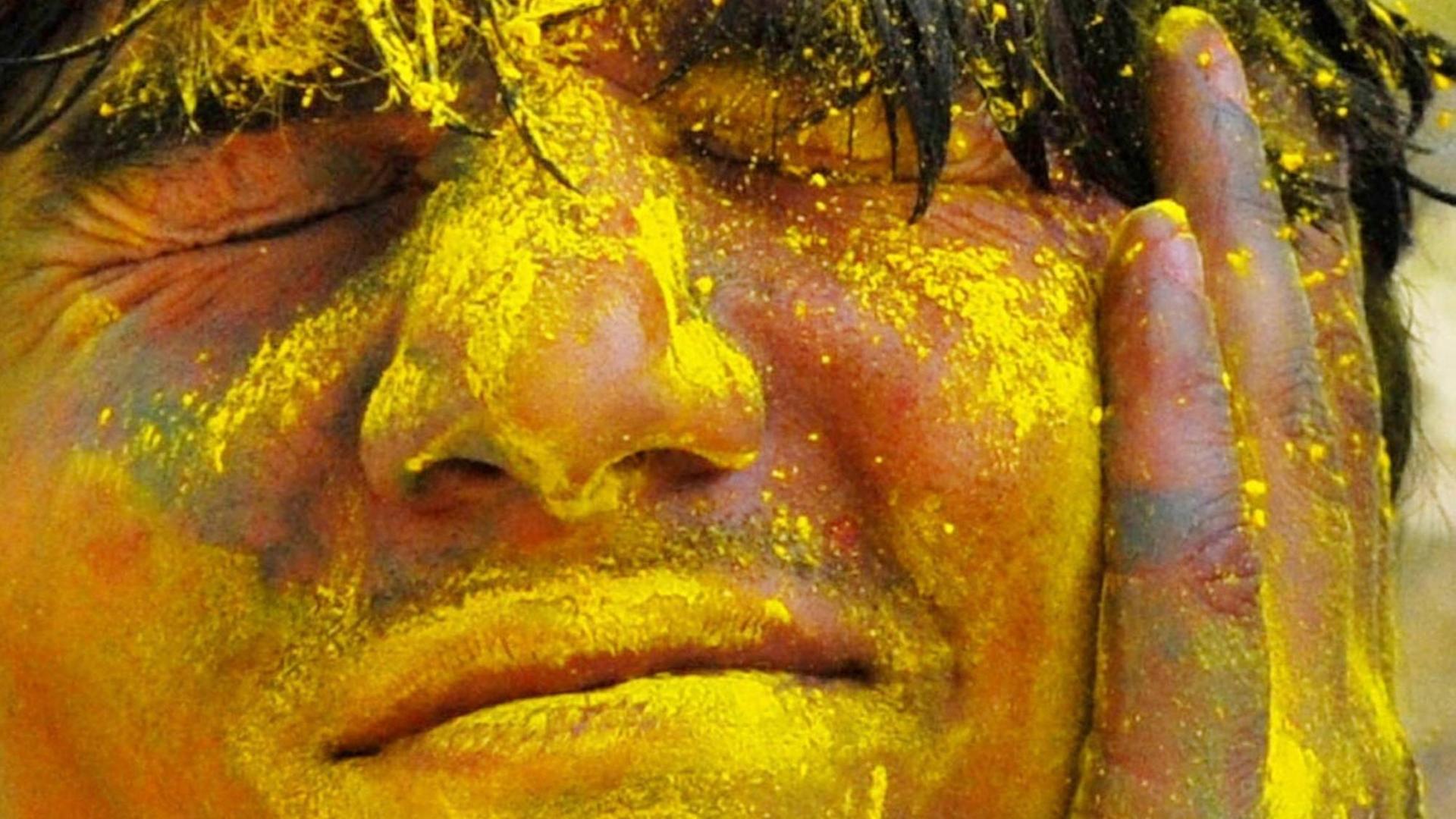 Bemalter Teilnehmer des traditionellen indischen Frühlingsfestes Holi in Neu-Delhi Bemalter Teilnehmer des traditionellen indischen Frühlingsfestes Holi in Neu-Delhi