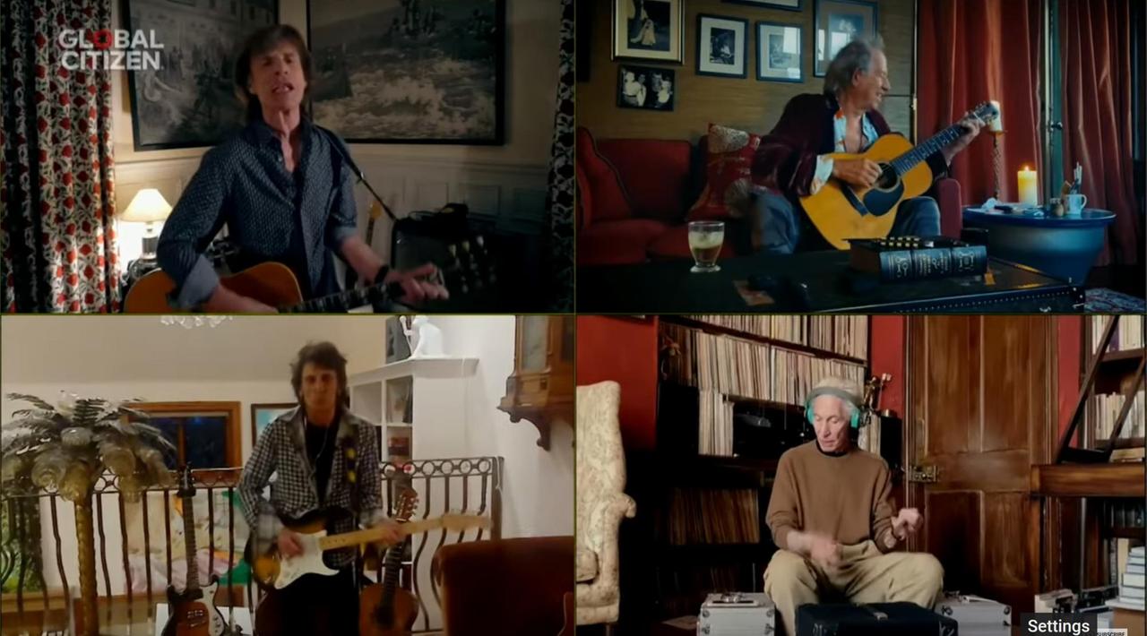 Die Rolling Stones-Mitglieder Mick Jagger, Keith Richards, Charlie Watts und Ronnie Wood (im Uhrzeigersinn) treten im Rahmen von "One World - Together at Home" auf. Das Event ist denen gewidmet, die in vorderster Linie die Corona-Pandemie behandeln.